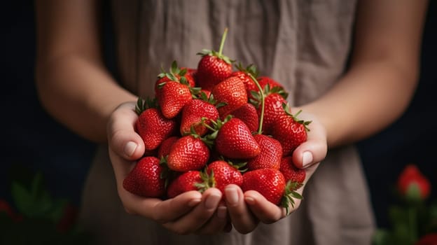 Woman holds freshly picked strawberries in her hand. Food selective focus. Generative AI,