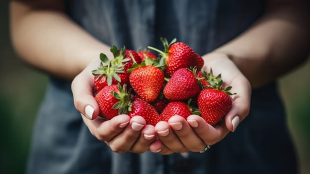 Woman holds freshly picked strawberries in her hand. Food selective focus. Generative AI,