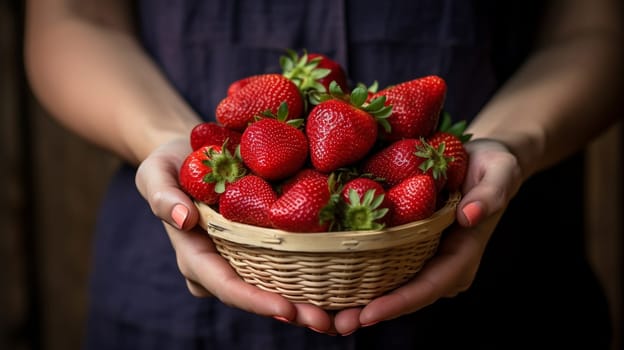 Woman holds freshly picked strawberries in her hand. Food selective focus. Generative AI,