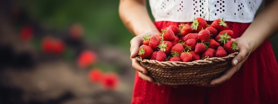 Woman holds freshly picked strawberries in her hand. Food selective focus. Generative AI,