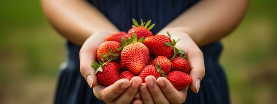 Woman holds freshly picked strawberries in her hand. Food selective focus. Generative AI,