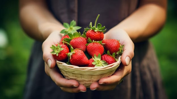 Woman holds freshly picked strawberries in her hand. Food selective focus. Generative AI,