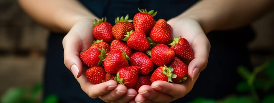 Woman holds freshly picked strawberries in her hand. Food selective focus. Generative AI,