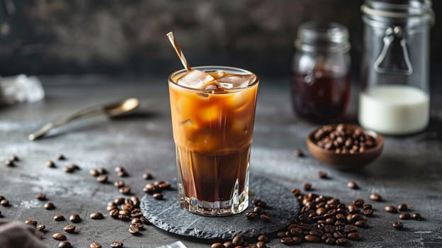 Cold coffee with ice and milk. selective focus. Drink Generative AI,