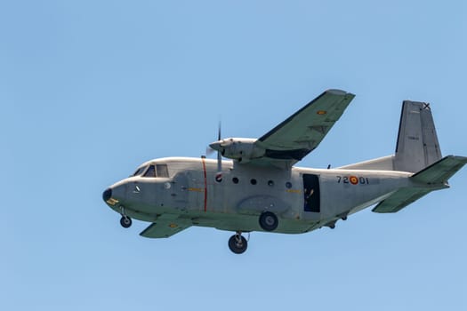 TORRE DEL MAR, MALAGA, SPAIN-JUL 29:  Aircraft CASA C-212 taking part in a exhibition on the 3rd airshow of Torre del Mar on July 29, 2018, in Torre del Mar, Malaga, Spain