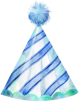 Blue party hat on light background. Card design. Watercolor hand drawing