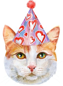 Cute cat in party hat. Cat for t-shirt graphics. Watercolor Turkish van cat breed illustration