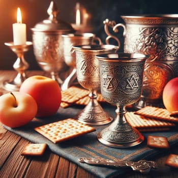 Jewish matzah and silver cups. Generative AI. High quality illustration