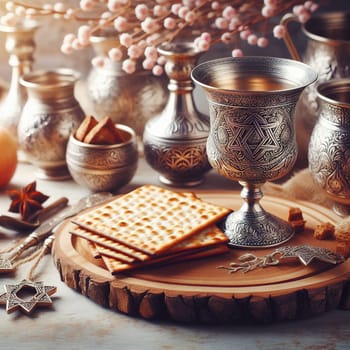 Jewish matzah and silver cups. Generative AI. High quality illustration