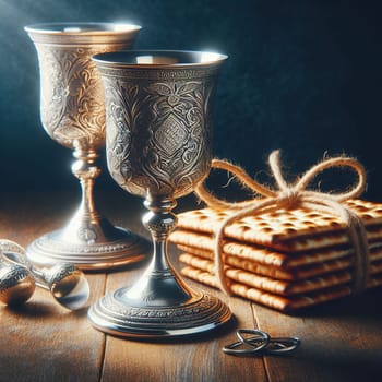 Jewish matzah and silver cups. Generative AI. High quality illustration