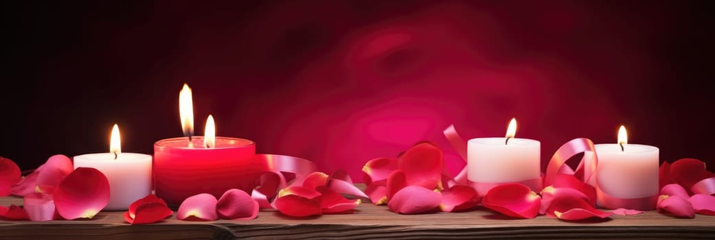 St. Valentines day, wedding banner with abstract illustrated red, pink rose petals, ribbons, candles on dark background. Use for cute love sale banner, print, greeting card. Concept love, copy space