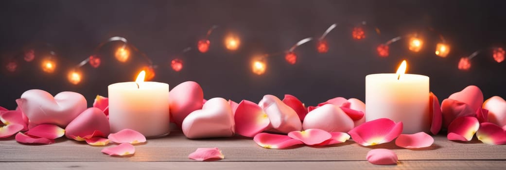 St. Valentines day, wedding banner with abstract illustrated red, pink rose petals, candles, lights on dark background. Use for cute love sale banner, print, greeting card. Concept love, copy space