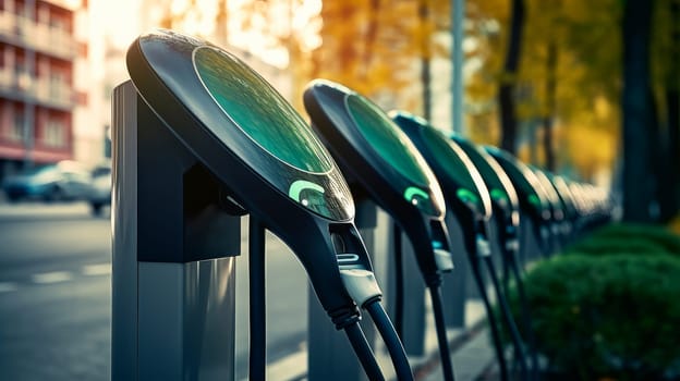 Electric cars charging at a gas station. The future of transportation with environmentally friendly vehicles. Green energy. Saving energy resources. Modern design. Electric cars. Respect for the environment and nature