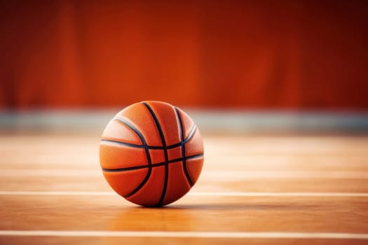 Close-up of an orange basketball on a shiny wooden court floor with a blurred background, ready for game play.