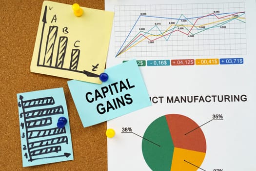 Business concept. Reporting graphs and diagrams are hung on the board, a sticker with the inscription - Capital gains