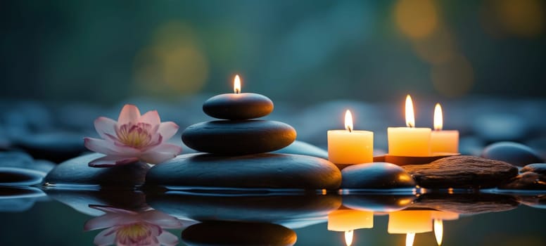 A serene spa ambiance with glowing candles, smooth stones, and delicate pink flowers reflected on water for a tranquil and meditative atmosphere.