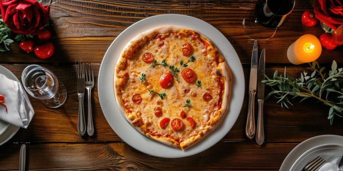 Heart shaped pizza for Valentines day on dark rustic wooden background pragma