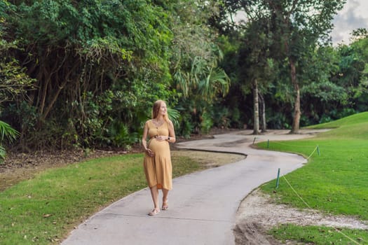 Tranquil scene as a pregnant woman enjoys peaceful moments in the park, embracing nature's serenity and finding comfort during her pregnancy.