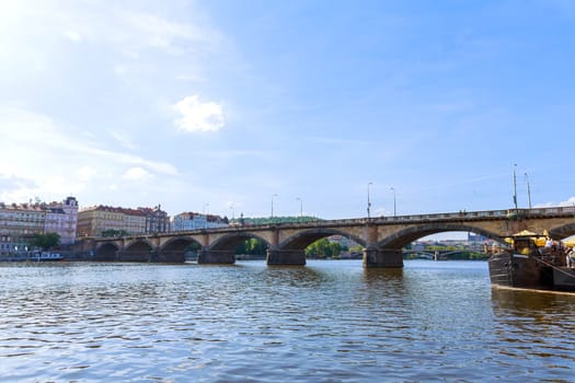 22 May 2022 Prague, Czech Republic. View of the transport bridge over the Vltava River in Prague, Czech Republic.