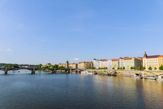 22 May 2022 Prague, Czech Republic. Vltava River flows through heart of Prague, enhancing its scenic beauty. Prague, capital of Czech Republic, is renowned for its stunning architecture.