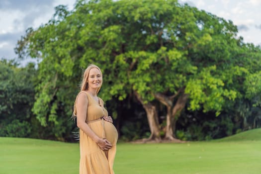 Tranquil scene as a pregnant woman enjoys peaceful moments in the park, embracing nature's serenity and finding comfort during her pregnancy.
