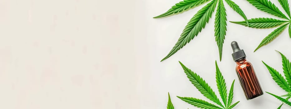 cannabis leaves spread out diagonally across a white background with a dropper bottle, possibly containing CBD oil, placed towards the right-hand side, leaving ample copy space for text.