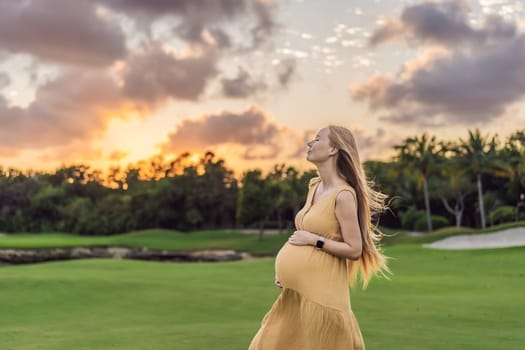 Tranquil scene as a pregnant woman enjoys peaceful moments in the park, embracing nature's serenity and finding comfort during her pregnancy.