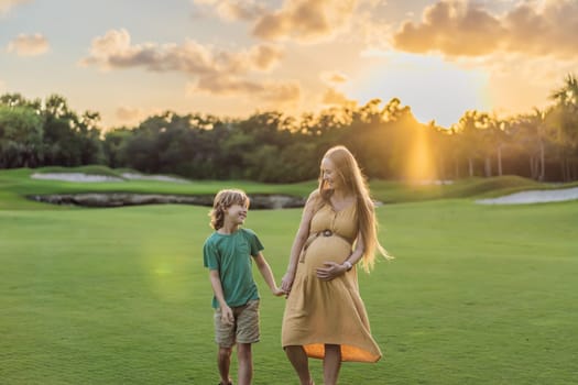 Heartwarming outdoor bonding as a pregnant mom and her son enjoy quality time together, savoring the beauty of nature and creating cherished moments.