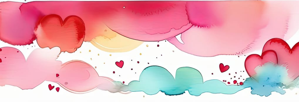 Valentines day watercolor abstract pink, red hearts pastel background banner. Perfect for Valentines Day card, romantic themed design, voucher, greeting card, wrapping paper. Concept love. Copy space