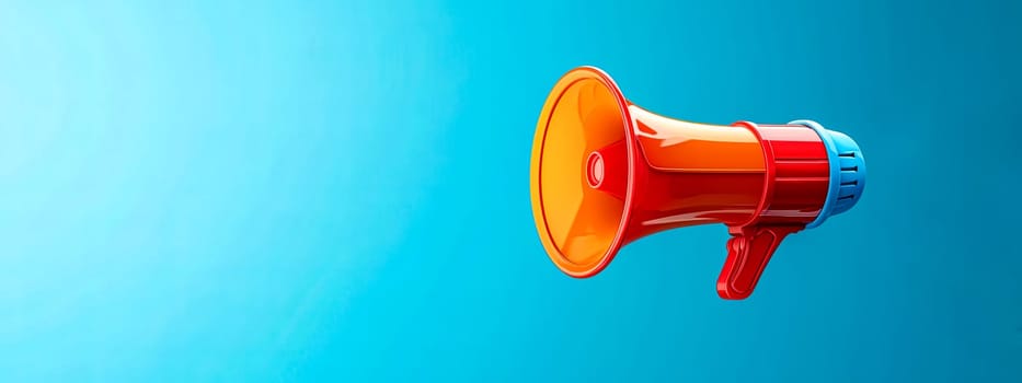bright red megaphone against a gradient blue background, symbolizing communication, announcements, and attention-grabbing messages, banner with copy space