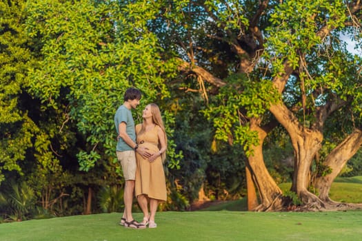 A blissful moment as a pregnant woman and her husband spend quality time together outdoors, savoring each other's company and enjoying the serenity of nature.