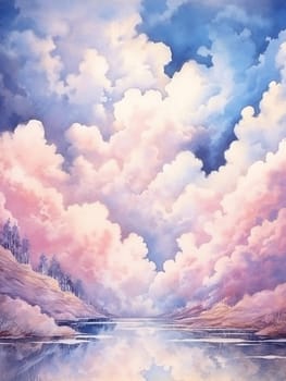 Watercolor sky with pink and blue clouds