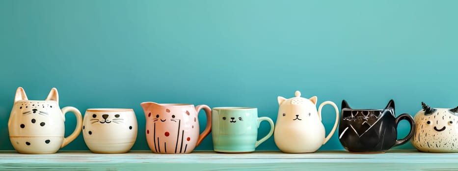 charming collection of cat-themed mugs and a teapot with playful designs, arranged in a row against a serene teal background, banner with copy space