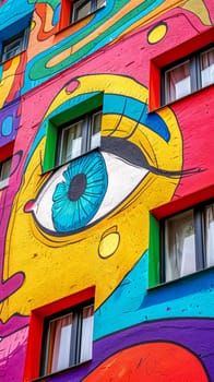 street art mural on an urban building facade, showcasing a large, colorful eye as the centerpiece surrounded by abstract shapes and patterns, vertical