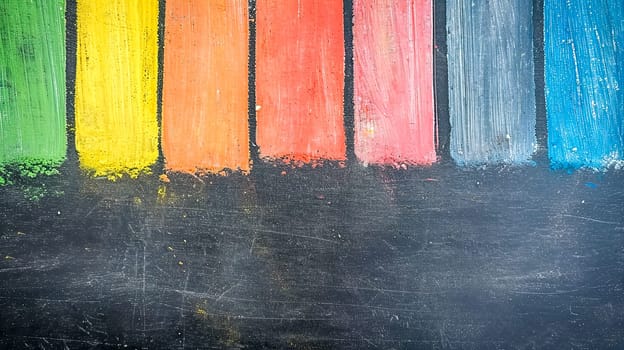 blackboard surface with thick, vibrant lines of chalk in colors green, yellow, orange, red, pink, and blue, showcasing a simple yet bold abstract concept, banner with copy space