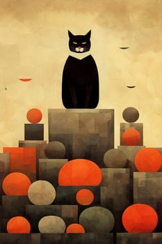 Stylized illustration of a black cat sitting atop an abstract geometric shape arrangement.