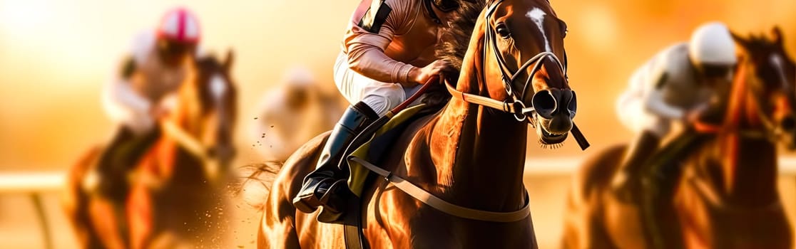 Experience the exhilaration as thoroughbred horses thunder down the racetrack, neck and neck in a fierce competition. The intensity of the race captured in a dynamic moment.
