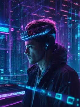 A man immersed in the dynamic soundscape of a futuristic city, wearing headphones, brings together the realms of sound and technology.