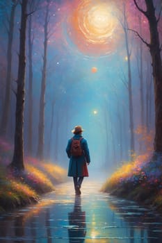 A captivating painting capturing the serenity of a person strolling peacefully through a wooded path.