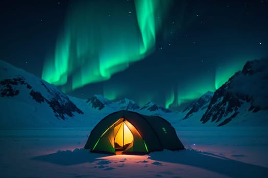 Immerse yourself in the captivating beauty of a winter camping adventure as a tent stands tall amidst a snowy landscape, with the mesmerizing aurora lights illuminating the night sky.