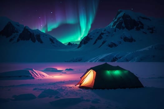 A tent stands amidst a snowy landscape with the vibrant colors of the aurora lights dancing overhead.