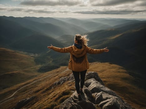 A woman stands triumphantly on the peak of a mountain, arms spread wide in a gesture of victory.