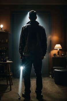 A man stands in a dimly lit room, holding a flashlight to illuminate the area around him.