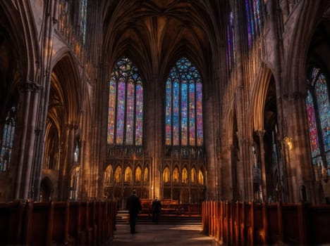 A majestic cathedral showcasing beautiful stained glass windows and rows of pews.