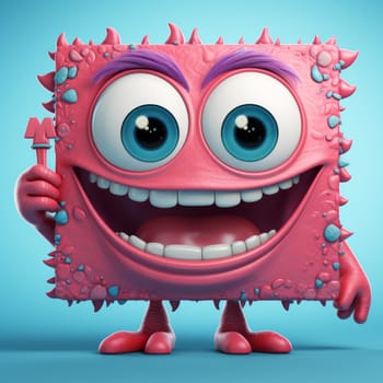 A vibrant pink cartoon monster with a trident, smiling on a blue background.