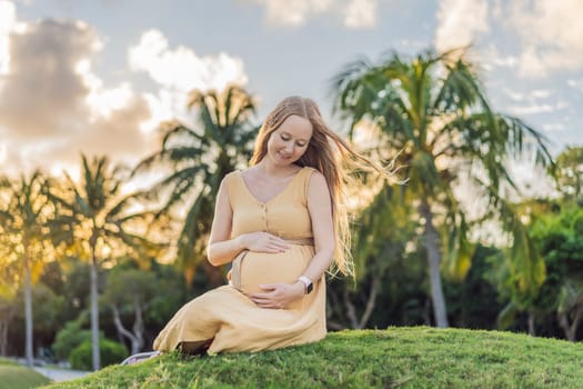 Tranquil scene as a pregnant woman enjoys peaceful moments in the park, embracing nature's serenity and finding comfort during her pregnancy.