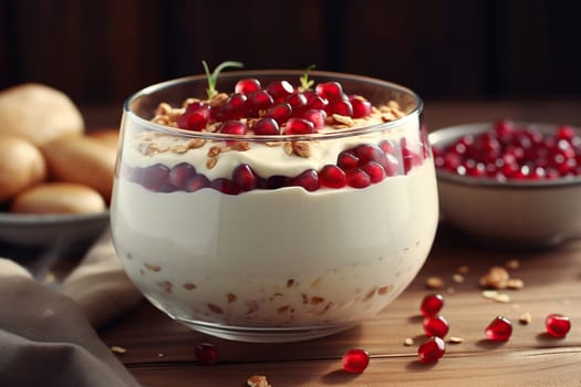 Natural yogurt in a glass jar with granola and pomegranate seeds stands on a wooden table.