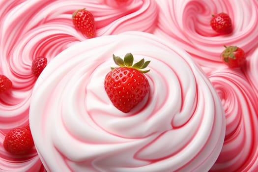 Ripe strawberries with cream, yogurt, top view.