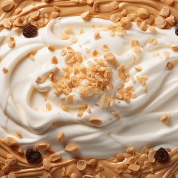 Background with whipped cream, caramel and granola.