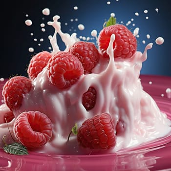 Raspberries spin in a milky splash. Healthy food concept.